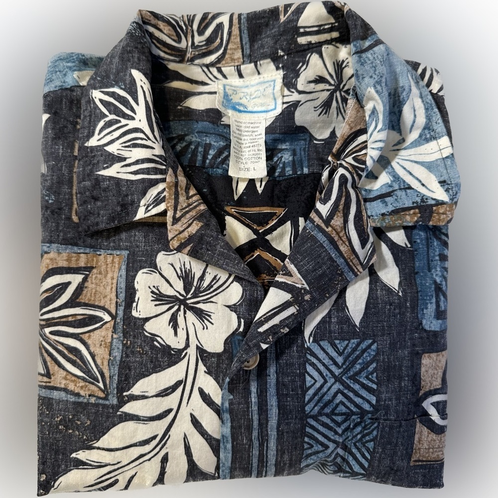 Vintage Pride of Hawaii Mens Button-Up‎ Hawaiian Shirt Blue Print Size Large